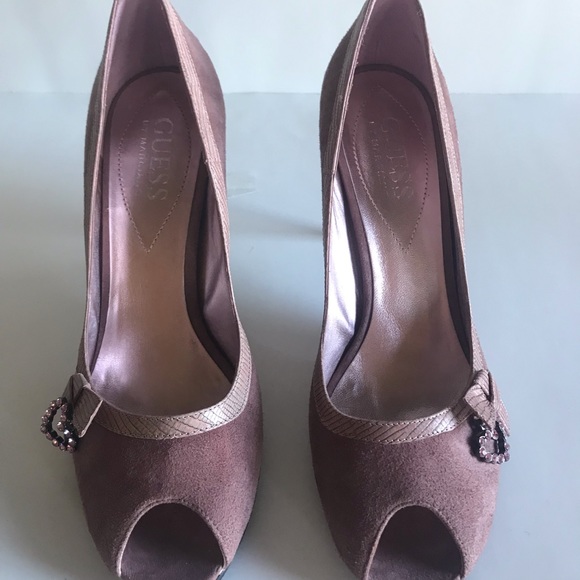 Guess Feisty Suede Open Toe Pumps Rose Pink 6.5M - Picture 2 of 6